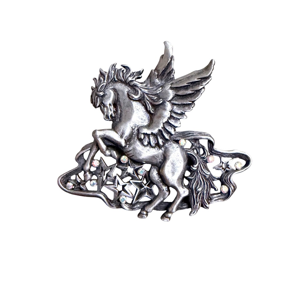 Vintage JJ Jonette Jewelry Pegasus Brooch Pewter Stars AB Rhinestones Fantasy